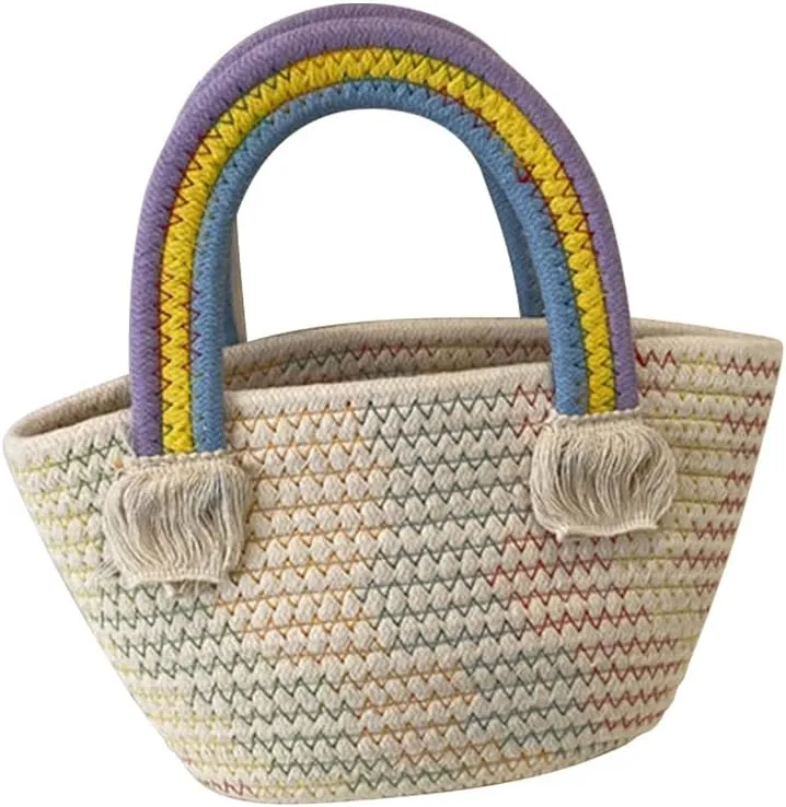 Cotton Handmade Women’s Tote Handbags Hand-Woven Purse with Rainbow Handles Summer Beach Tote Bag Travel Bag Holiday