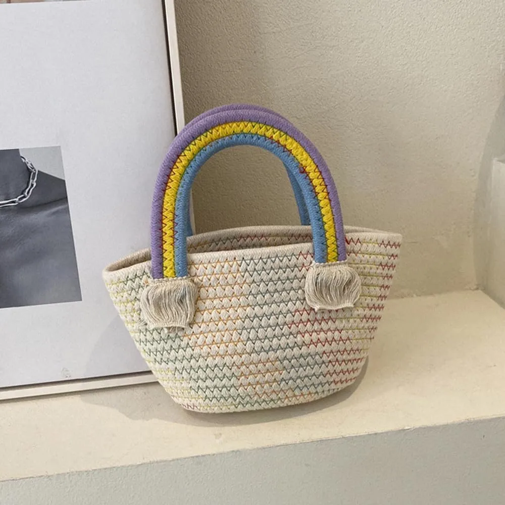 Cotton Handmade Women’s Tote Handbags Hand-Woven Purse with Rainbow Handles Summer Beach Tote Bag Travel Bag Holiday