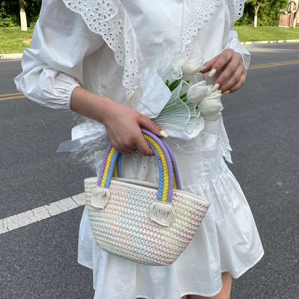 Cotton Handmade Women’s Tote Handbags Hand-Woven Purse with Rainbow Handles Summer Beach Tote Bag Travel Bag Holiday