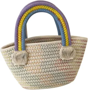 Cotton Handmade Women’s Tote Handbags Hand-Woven Purse with Rainbow Handles Summer Beach Tote Bag Travel Bag Holiday