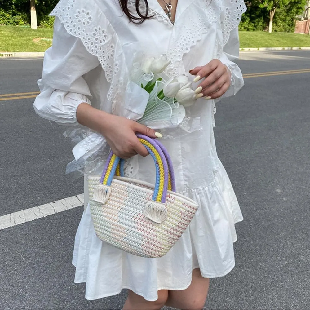 Cotton Handmade Women’s Tote Handbags Hand-Woven Purse with Rainbow Handles Summer Beach Tote Bag Travel Bag Holiday
