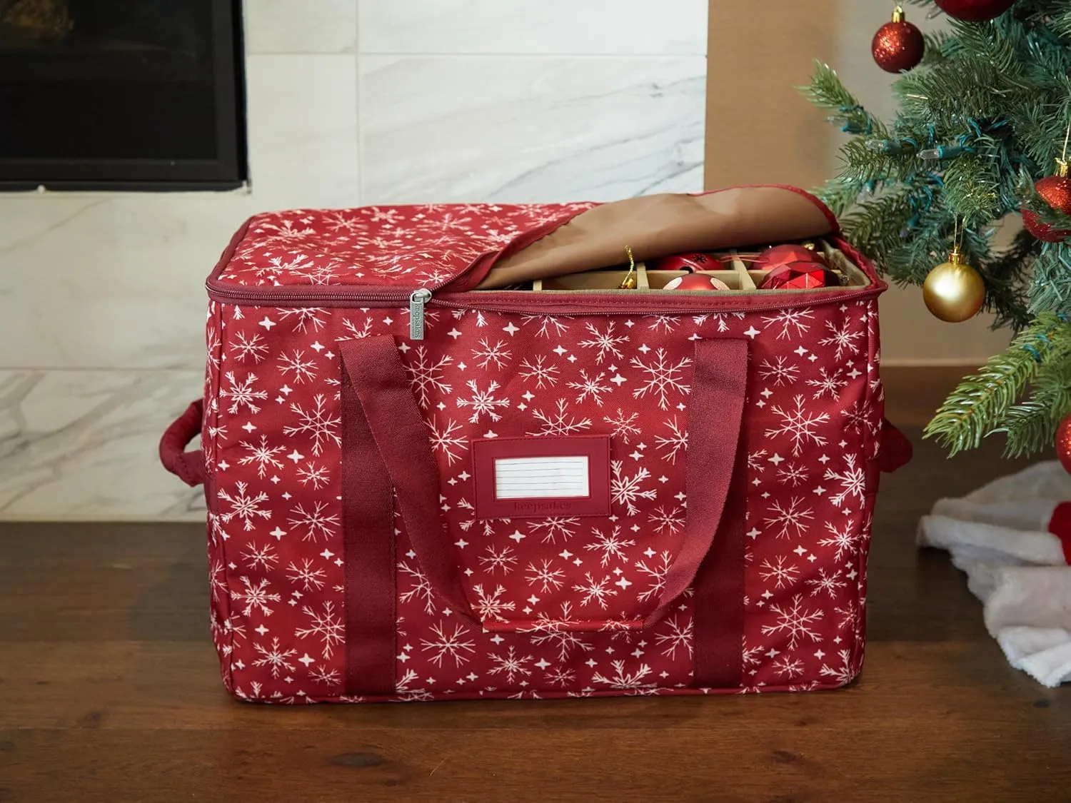 Covermates Keepsakes Adjustable Ornament Storage Bag, Carrying Handles, Padded Protection - Holiday Storage, Red Snowflake