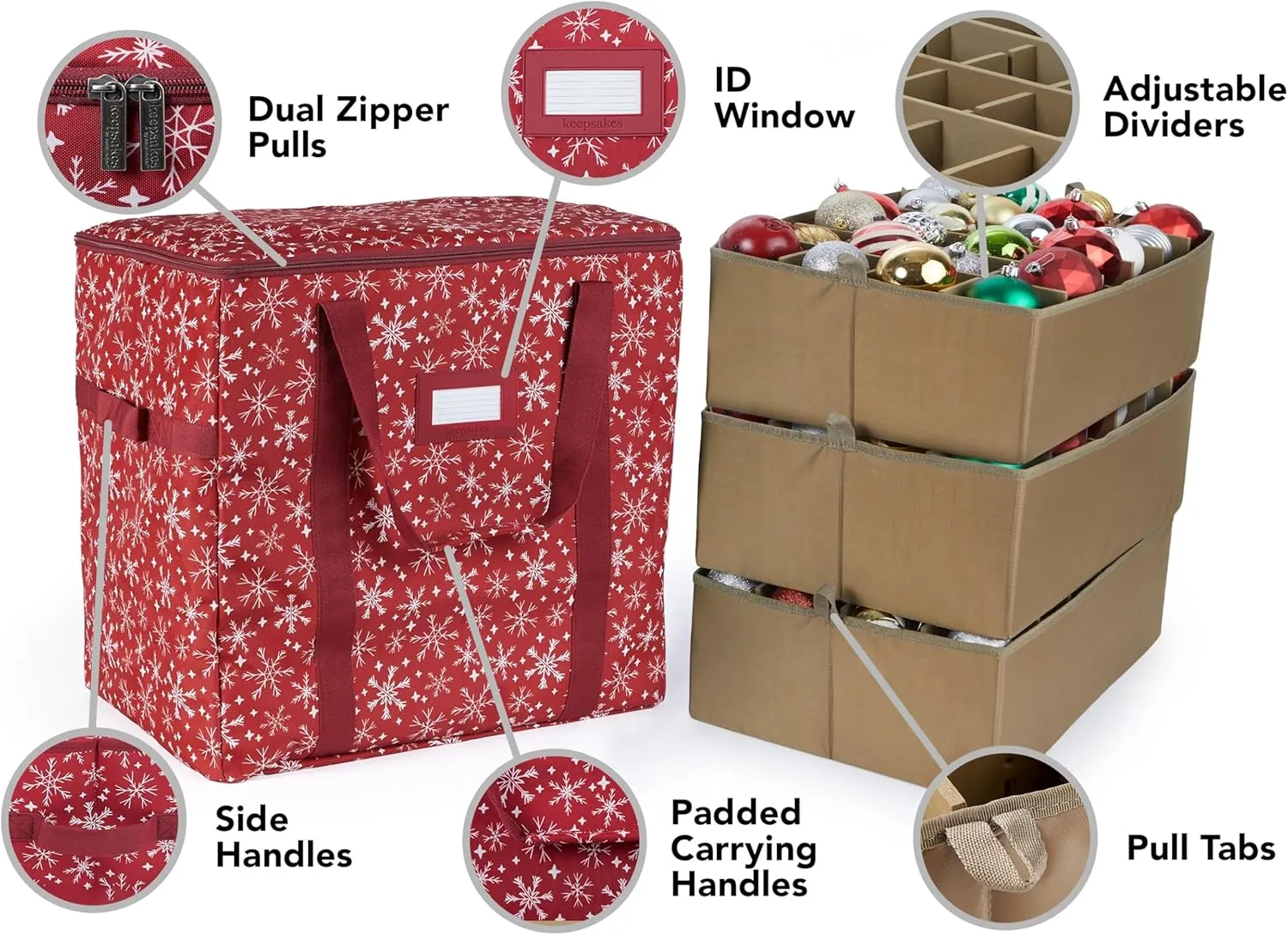 Covermates Keepsakes Adjustable Ornament Storage Bag, Carrying Handles, Padded Protection - Holiday Storage, Red Snowflake