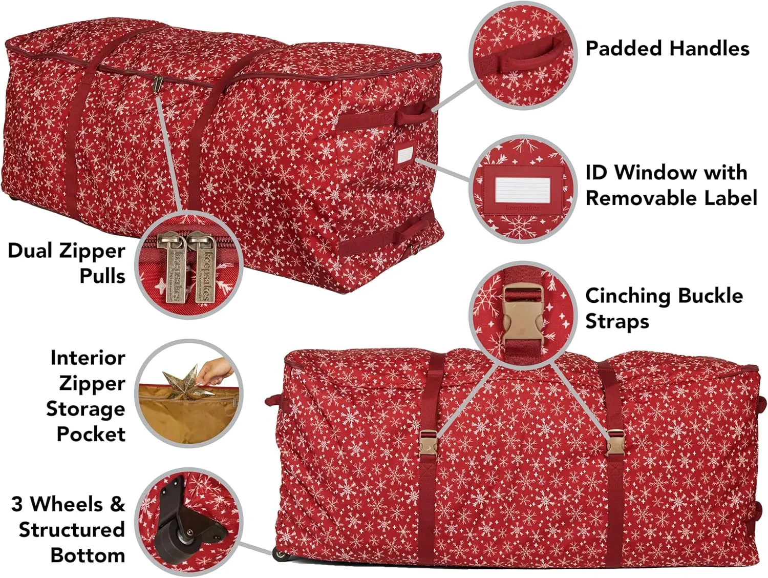 Covermates Keepsakes Christmas Tree Rolling Cinch Bag – Superior Protection, Padded Handles - Holiday Storage, Red Snowflake