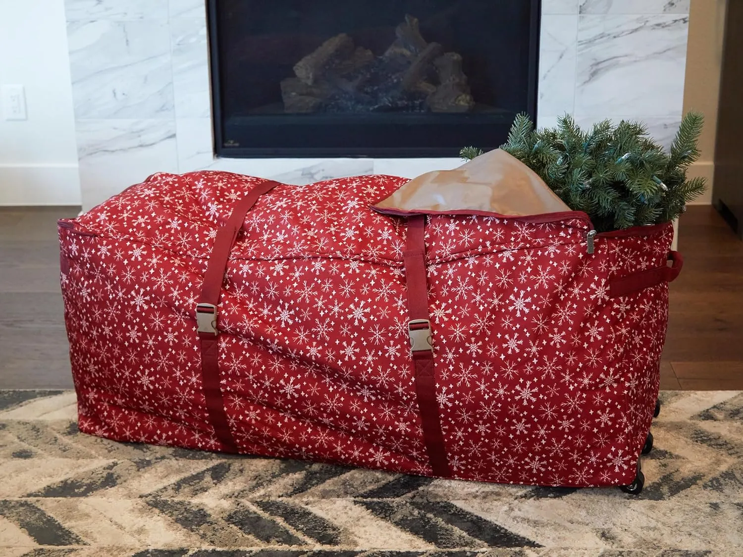 Covermates Keepsakes Christmas Tree Rolling Cinch Bag – Superior Protection, Padded Handles - Holiday Storage, Red Snowflake