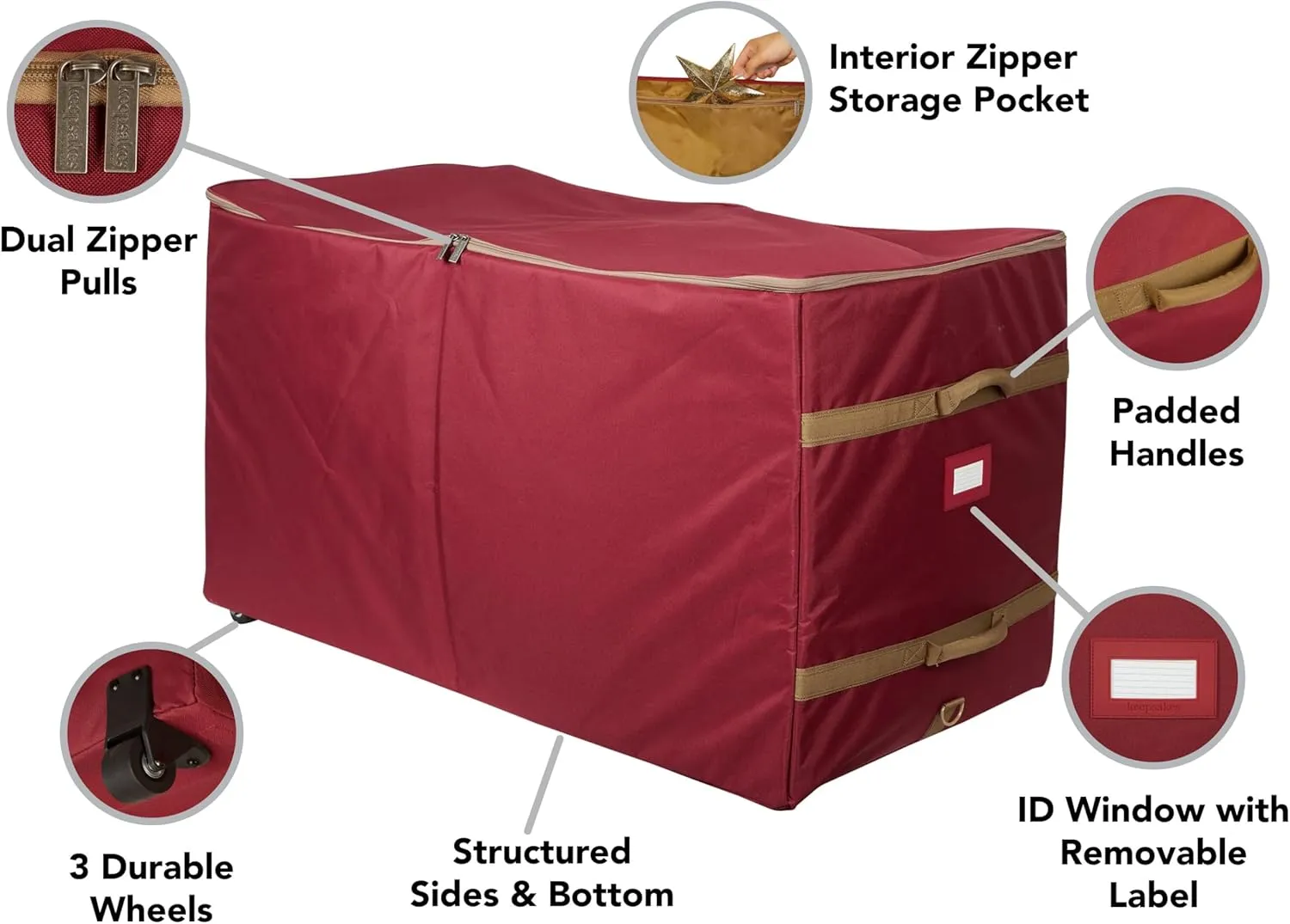 Covermates Keepsakes Christmas Tree Structured Rolling Storage Bag - Superior Protection, Reinforced Handles - Holiday Storage, Red