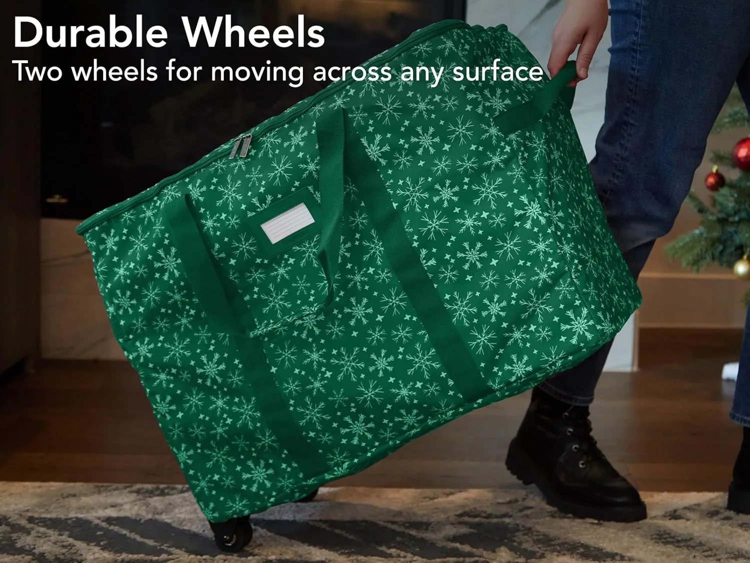 Covermates Keepsakes Rolling Treasurekeeper Storage Bag - Carrying Handles, ID Window, Dual Wheels - Holiday Storage, Green Snowflake