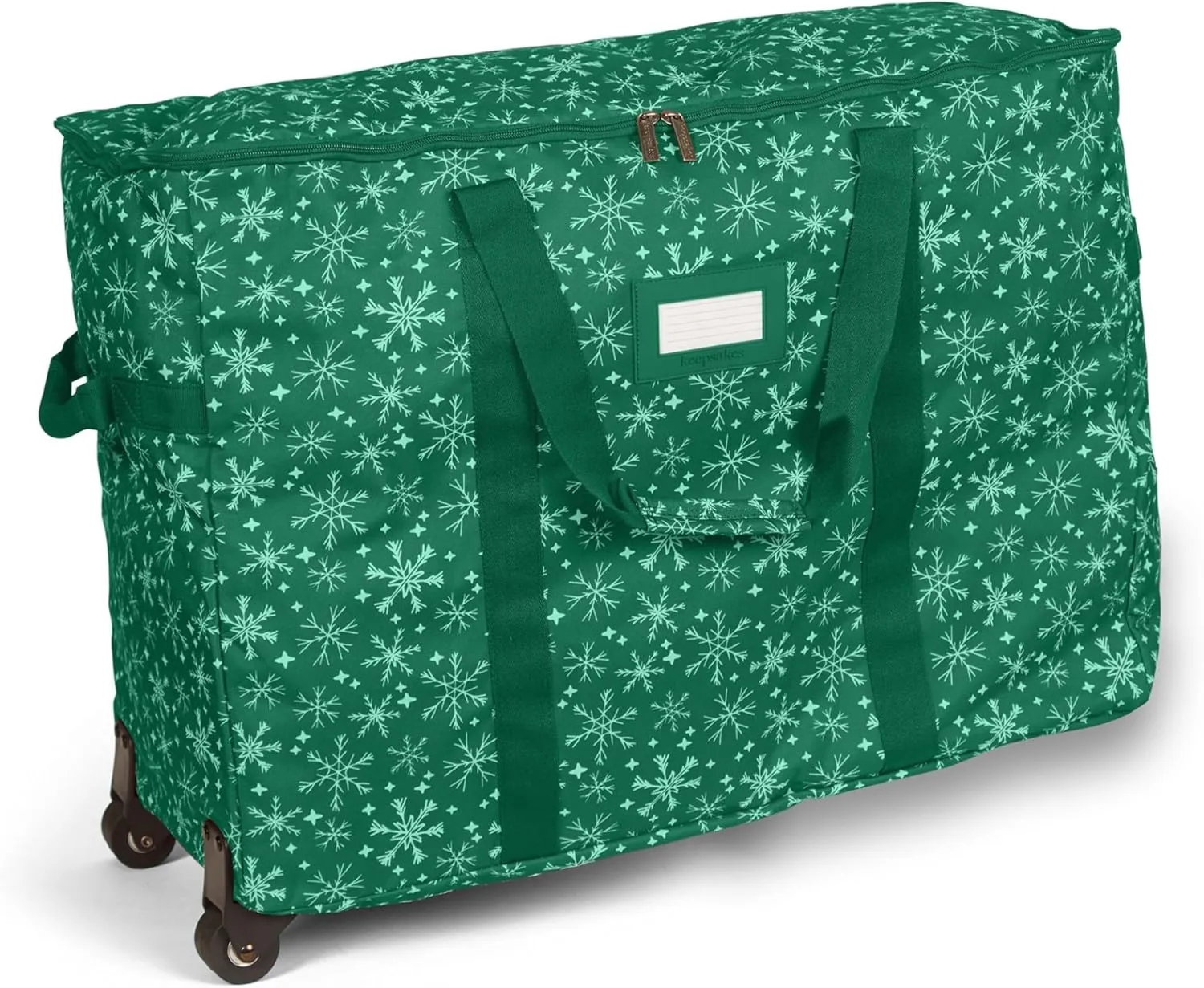 Covermates Keepsakes Rolling Treasurekeeper Storage Bag - Carrying Handles, ID Window, Dual Wheels - Holiday Storage, Green Snowflake