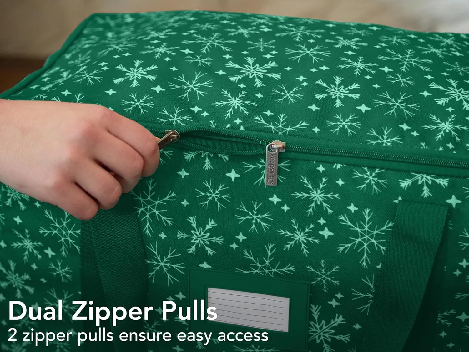 Covermates Keepsakes Rolling Treasurekeeper Storage Bag - Carrying Handles, ID Window, Dual Wheels - Holiday Storage, Green Snowflake