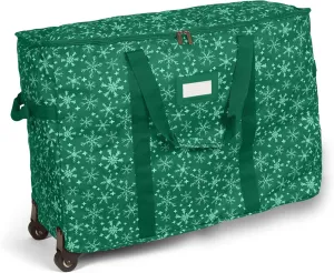 Covermates Keepsakes Rolling Treasurekeeper Storage Bag - Carrying Handles, ID Window, Dual Wheels - Holiday Storage, Green Snowflake