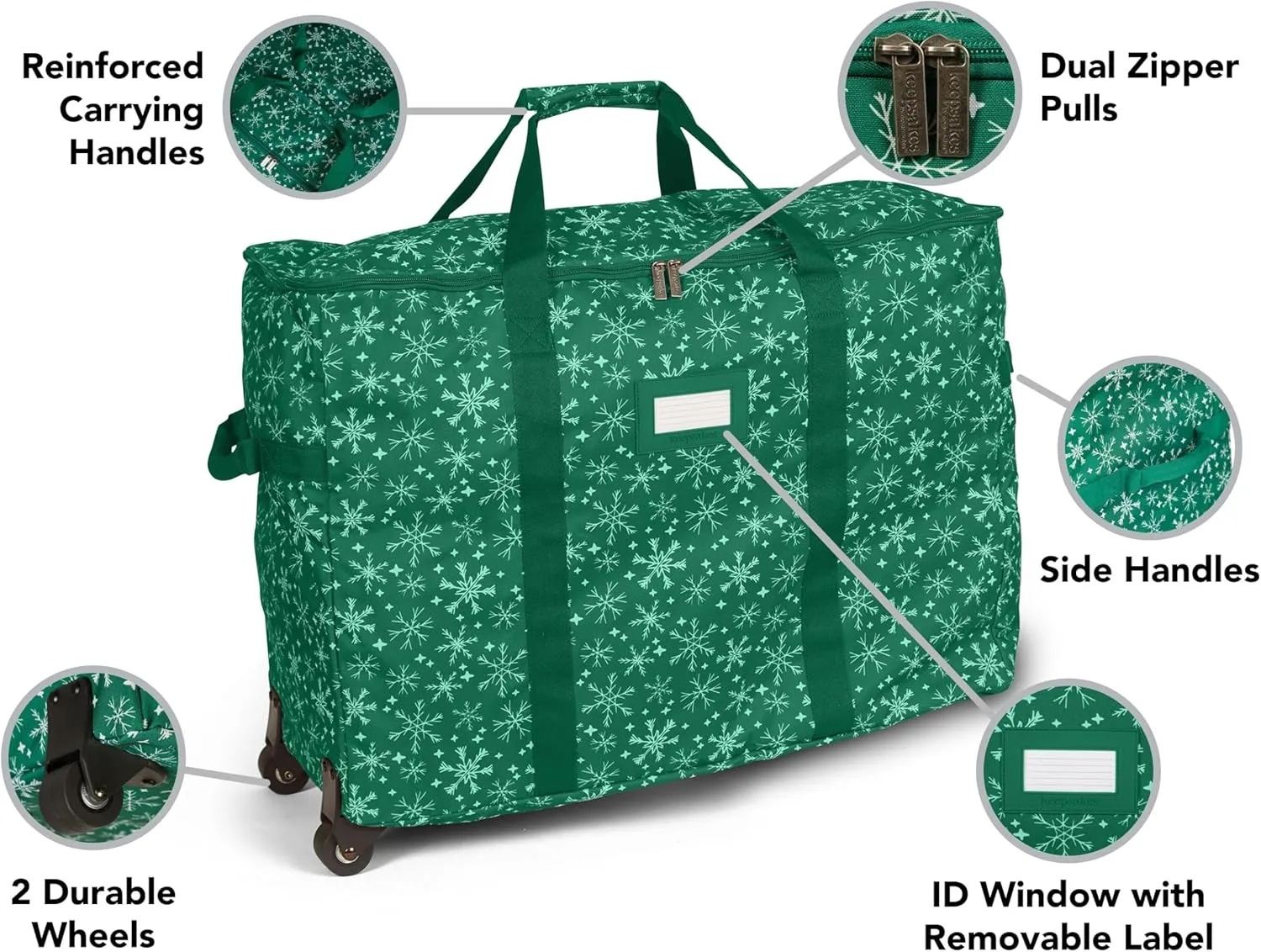 Covermates Keepsakes Rolling Treasurekeeper Storage Bag - Carrying Handles, ID Window, Dual Wheels - Holiday Storage, Green Snowflake