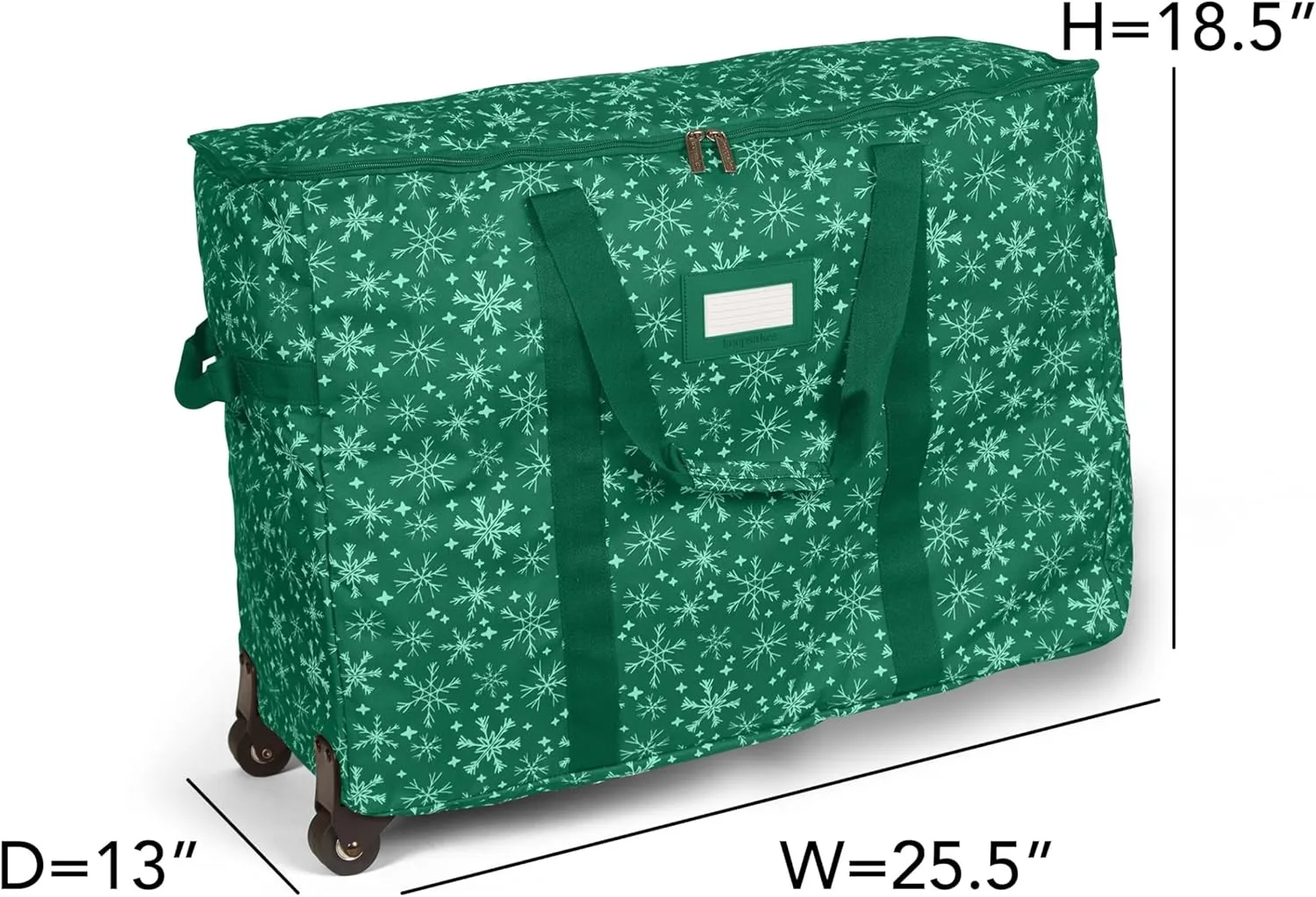 Covermates Keepsakes Rolling Treasurekeeper Storage Bag - Carrying Handles, ID Window, Dual Wheels - Holiday Storage, Green Snowflake