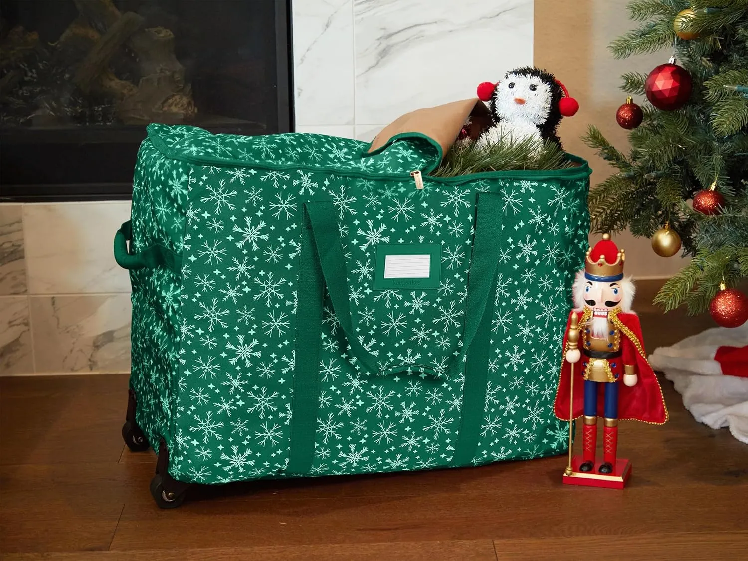 Covermates Keepsakes Rolling Treasurekeeper Storage Bag - Carrying Handles, ID Window, Dual Wheels - Holiday Storage, Green Snowflake