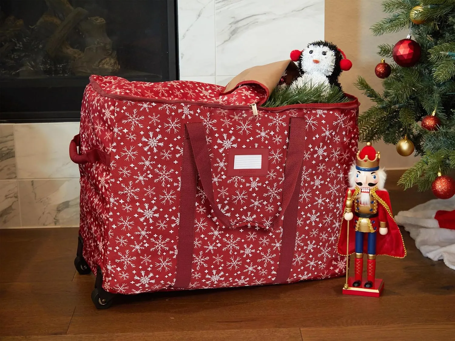 Covermates Keepsakes Rolling Treasurekeeper Storage Bag - Carrying Handles, ID Window, Dual Wheels - Holiday Storage, Red Snowflake