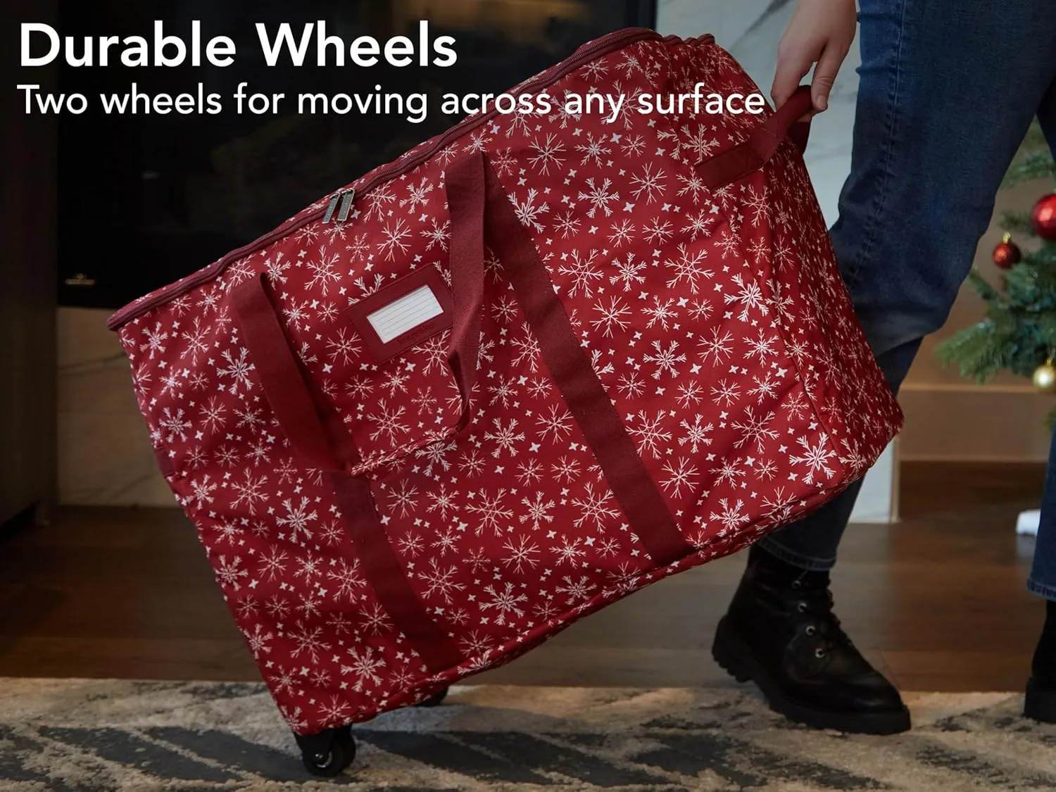 Covermates Keepsakes Rolling Treasurekeeper Storage Bag - Carrying Handles, ID Window, Dual Wheels - Holiday Storage, Red Snowflake