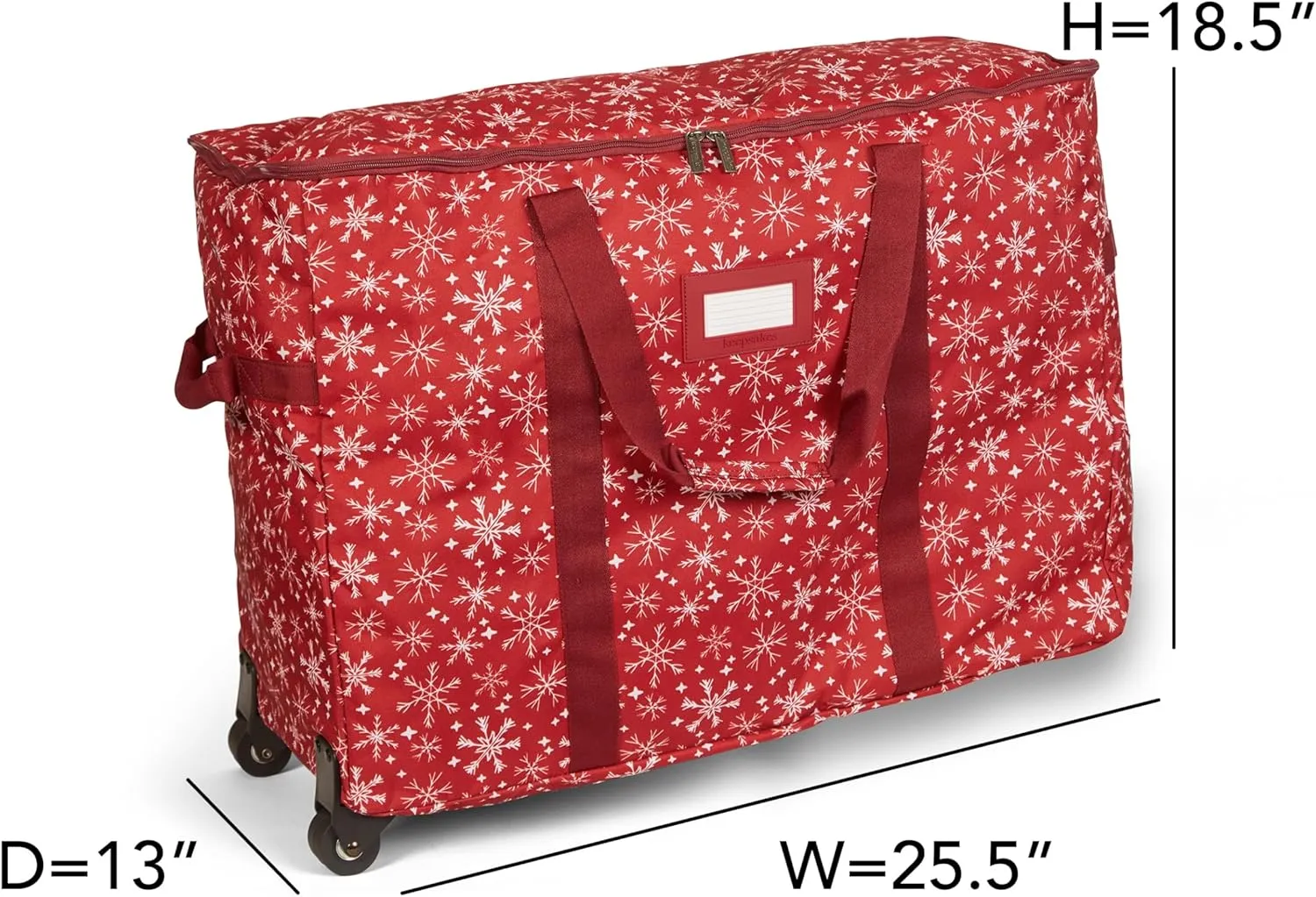 Covermates Keepsakes Rolling Treasurekeeper Storage Bag - Carrying Handles, ID Window, Dual Wheels - Holiday Storage, Red Snowflake