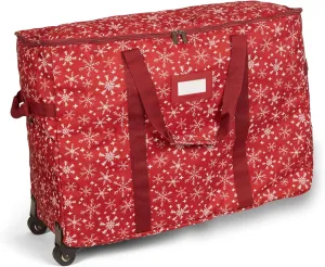 Covermates Keepsakes Rolling Treasurekeeper Storage Bag - Carrying Handles, ID Window, Dual Wheels - Holiday Storage, Red Snowflake