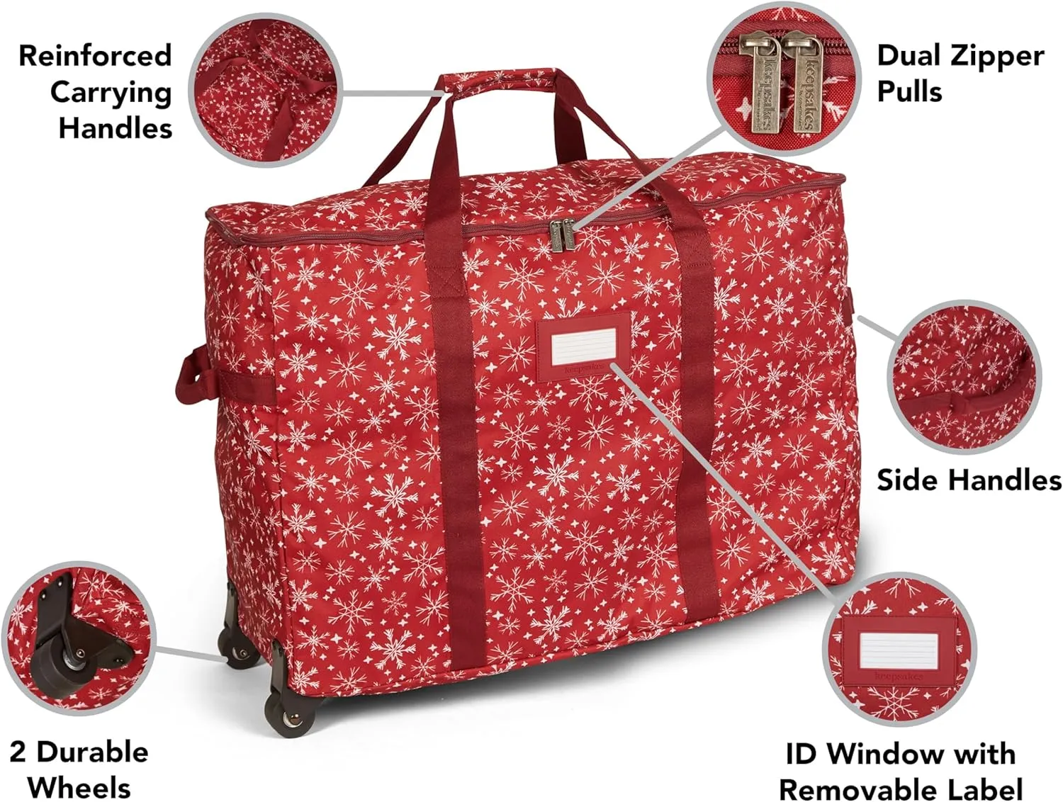 Covermates Keepsakes Rolling Treasurekeeper Storage Bag - Carrying Handles, ID Window, Dual Wheels - Holiday Storage, Red Snowflake