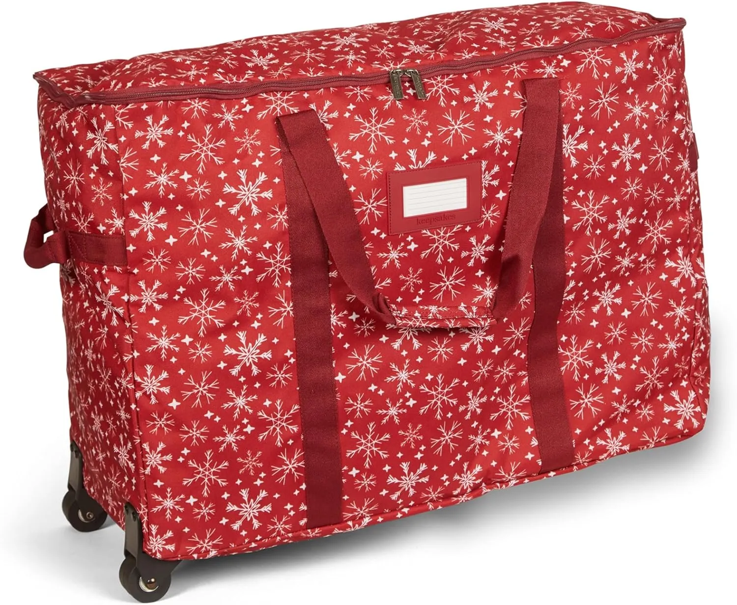 Covermates Keepsakes Rolling Treasurekeeper Storage Bag - Carrying Handles, ID Window, Dual Wheels - Holiday Storage, Red Snowflake