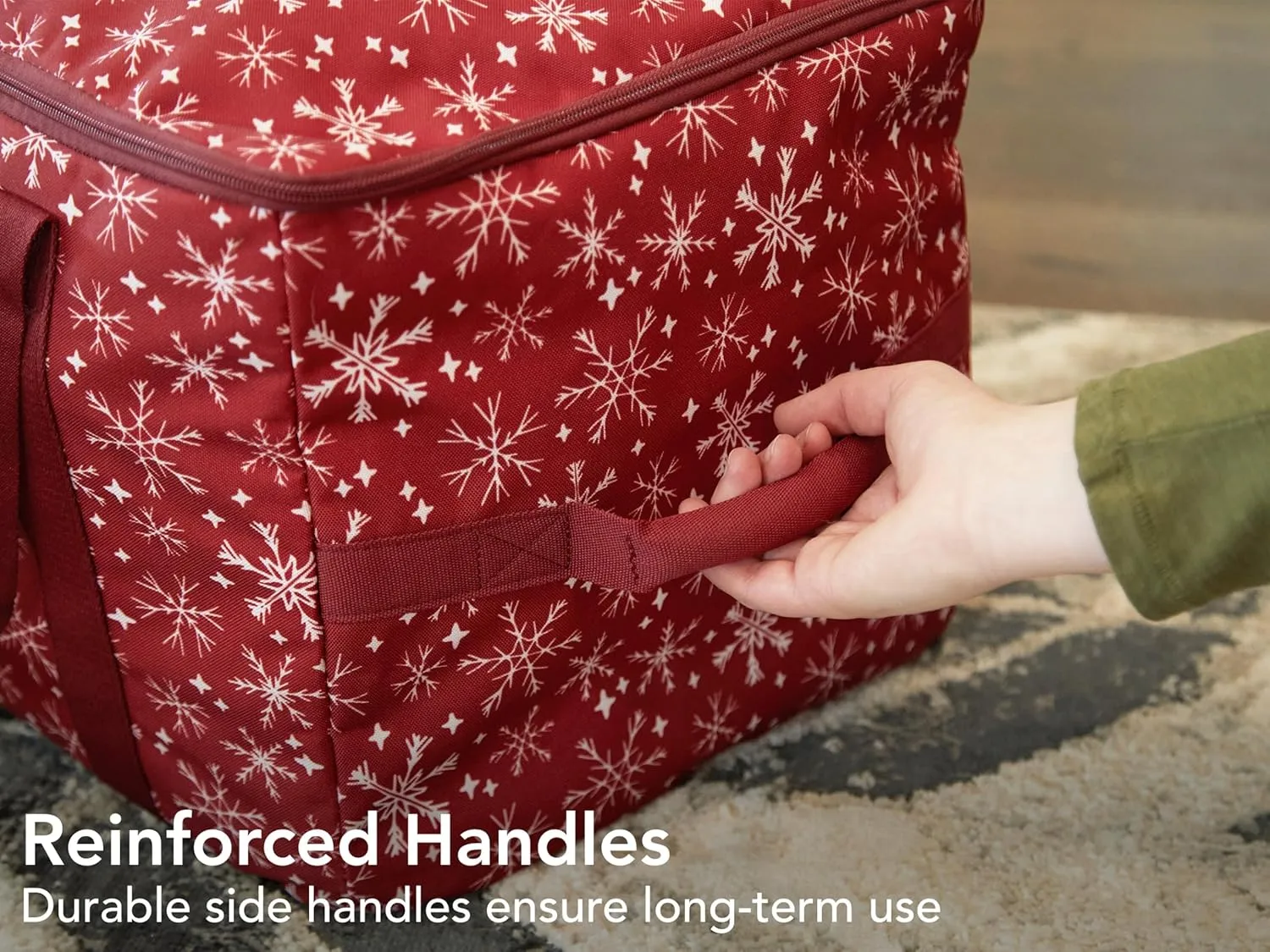 Covermates Keepsakes Rolling Treasurekeeper Storage Bag - Carrying Handles, ID Window, Dual Wheels - Holiday Storage, Red Snowflake