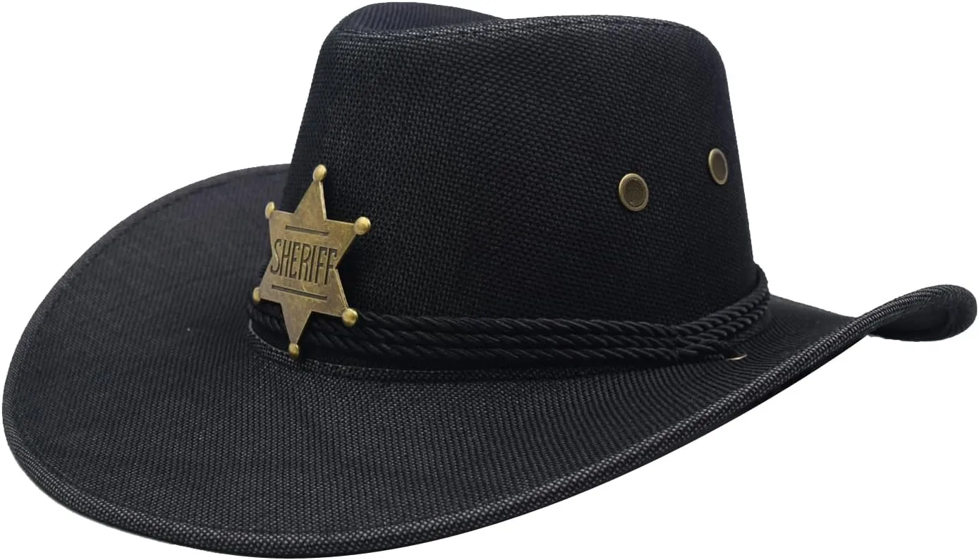 Cowboy Hat Wide Brim Travel Cap Western Cowgirl Hat Outdoor Sun Protect with Badge