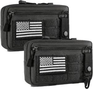 CREATOR 2 Pack Tactical Molle Admin Pouch Utility Tool Pouch Bag Horizontal Modular Pouches Tactical EDC Small Bags with US Flag Patch and Keychain