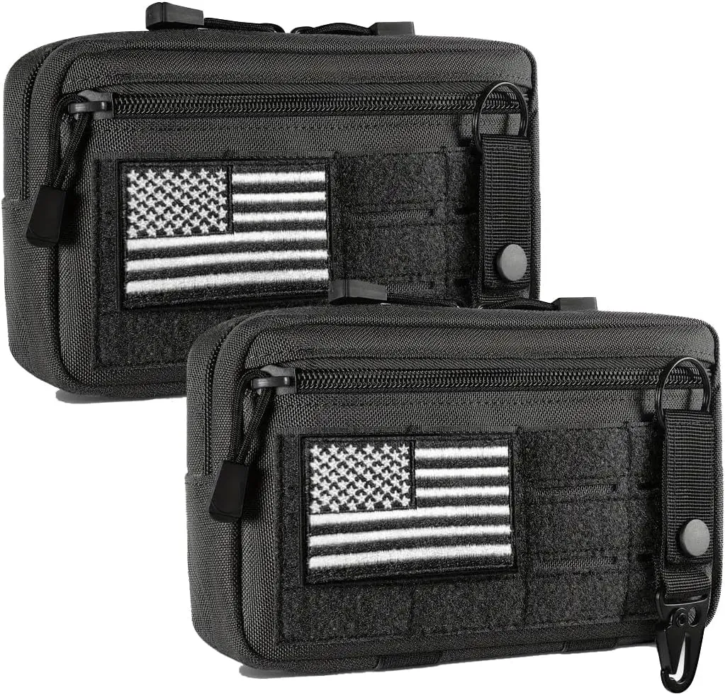 CREATOR 2 Pack Tactical Molle Admin Pouch Utility Tool Pouch Bag Horizontal Modular Pouches Tactical EDC Small Bags with US Flag Patch and Keychain
