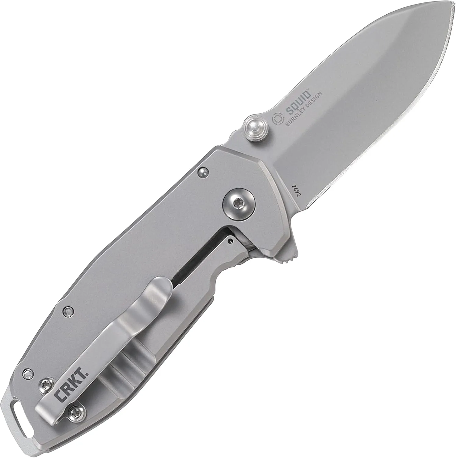 CRKT Squid Everyday Carry Assisted Folding Knife with Frame Lock: Stainless Steel Plain Edge Blade, Stainless Steel Handle, Pocket Clip, 2492