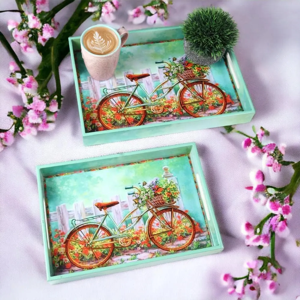 Crocon Wooden Serving Tray with Handles – Set of 2 Rectangular Trays – Cycle Print Decorative Trays for Coffee Table, Kitchen, and Home Décor