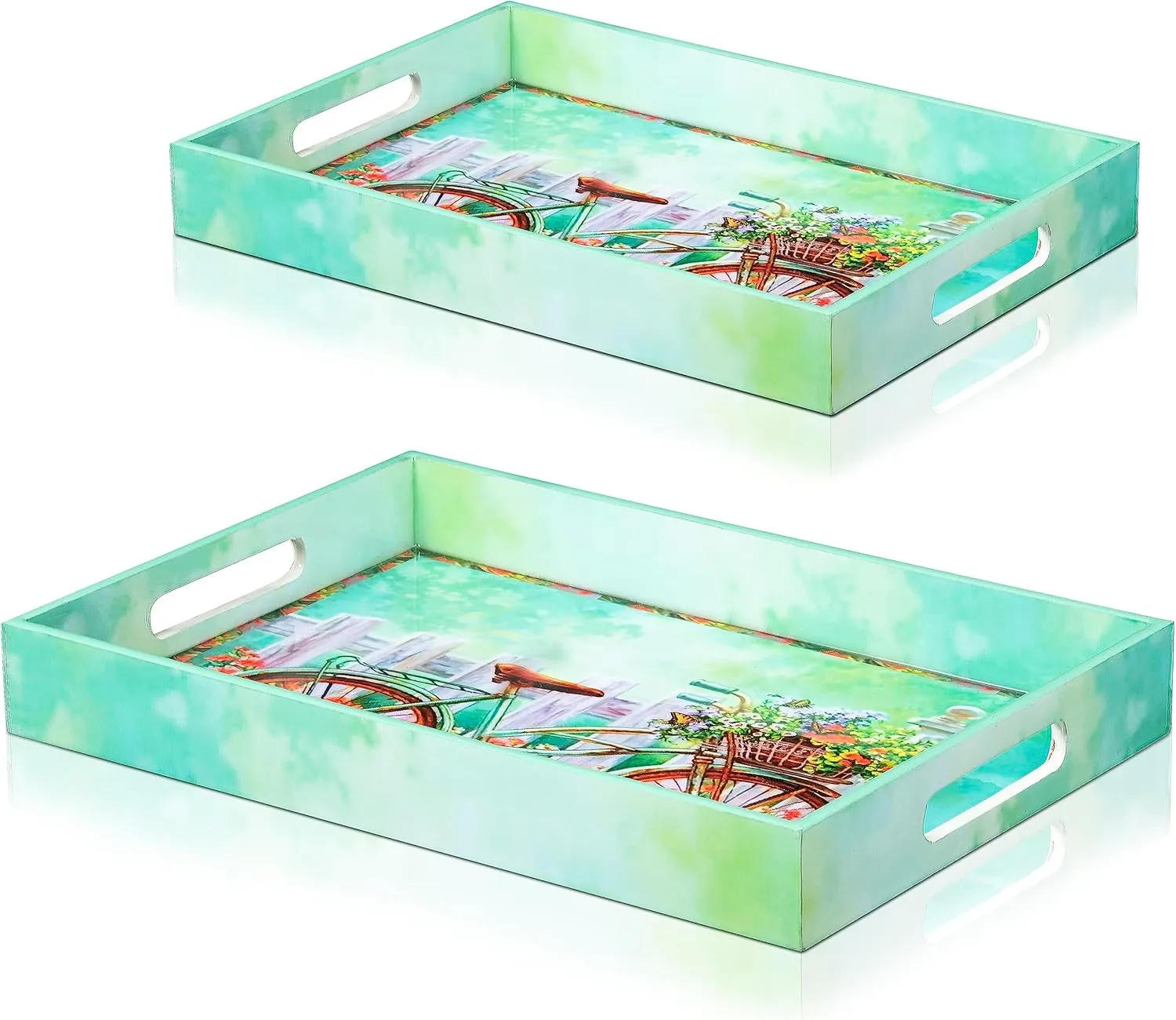 Crocon Wooden Serving Tray with Handles – Set of 2 Rectangular Trays – Cycle Print Decorative Trays for Coffee Table, Kitchen, and Home Décor