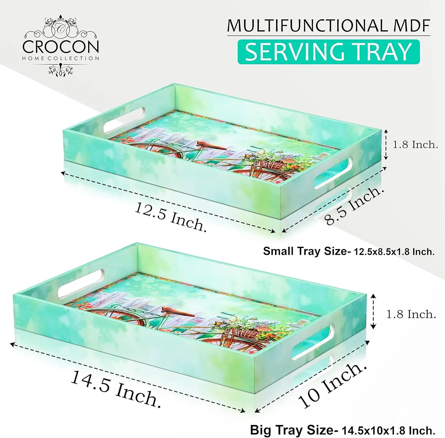 Crocon Wooden Serving Tray with Handles – Set of 2 Rectangular Trays – Cycle Print Decorative Trays for Coffee Table, Kitchen, and Home Décor