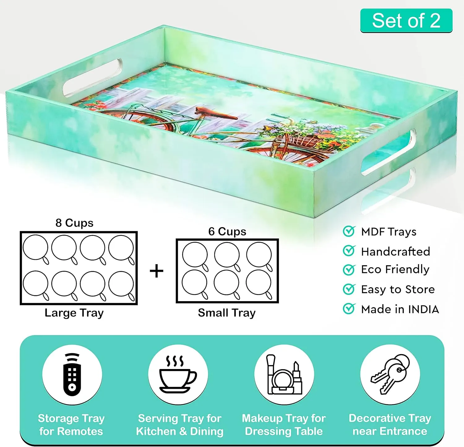 Crocon Wooden Serving Tray with Handles – Set of 2 Rectangular Trays – Cycle Print Decorative Trays for Coffee Table, Kitchen, and Home Décor