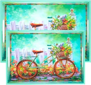 Crocon Wooden Serving Tray with Handles – Set of 2 Rectangular Trays – Cycle Print Decorative Trays for Coffee Table, Kitchen, and Home Décor