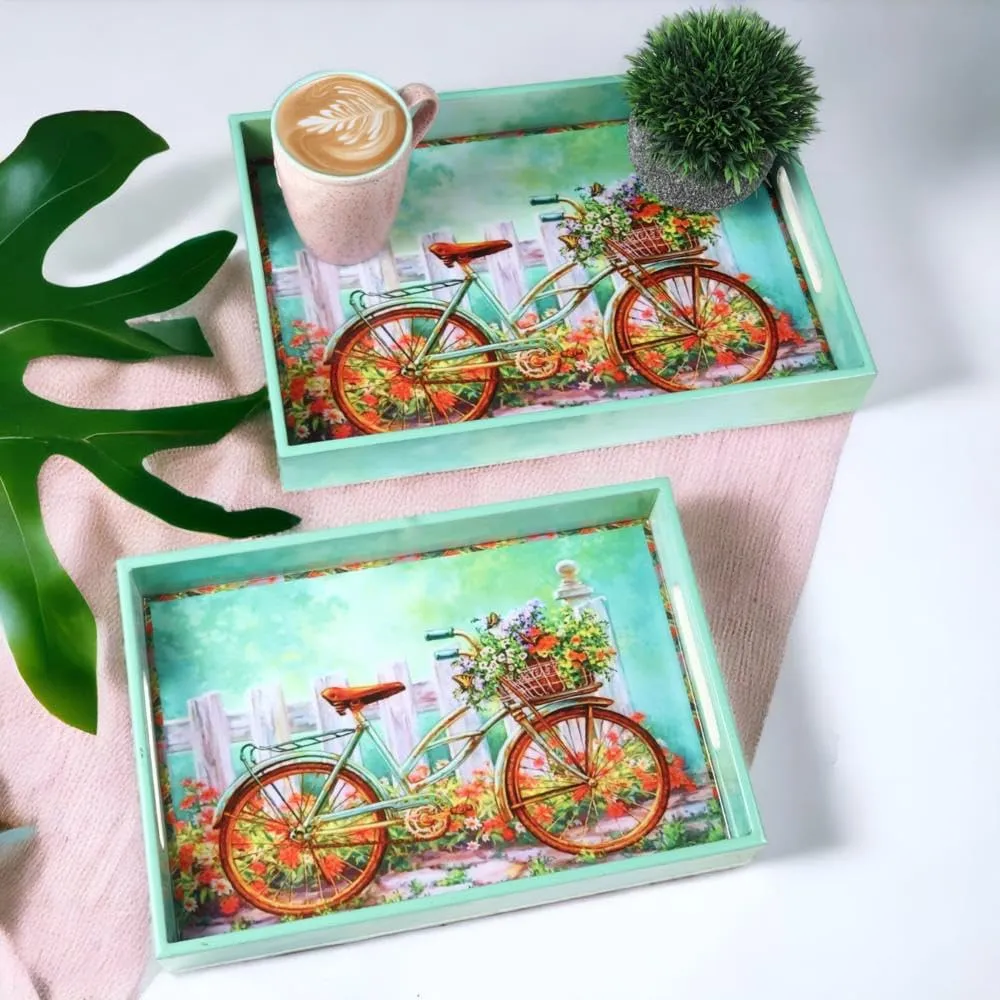 Crocon Wooden Serving Tray with Handles – Set of 2 Rectangular Trays – Cycle Print Decorative Trays for Coffee Table, Kitchen, and Home Décor