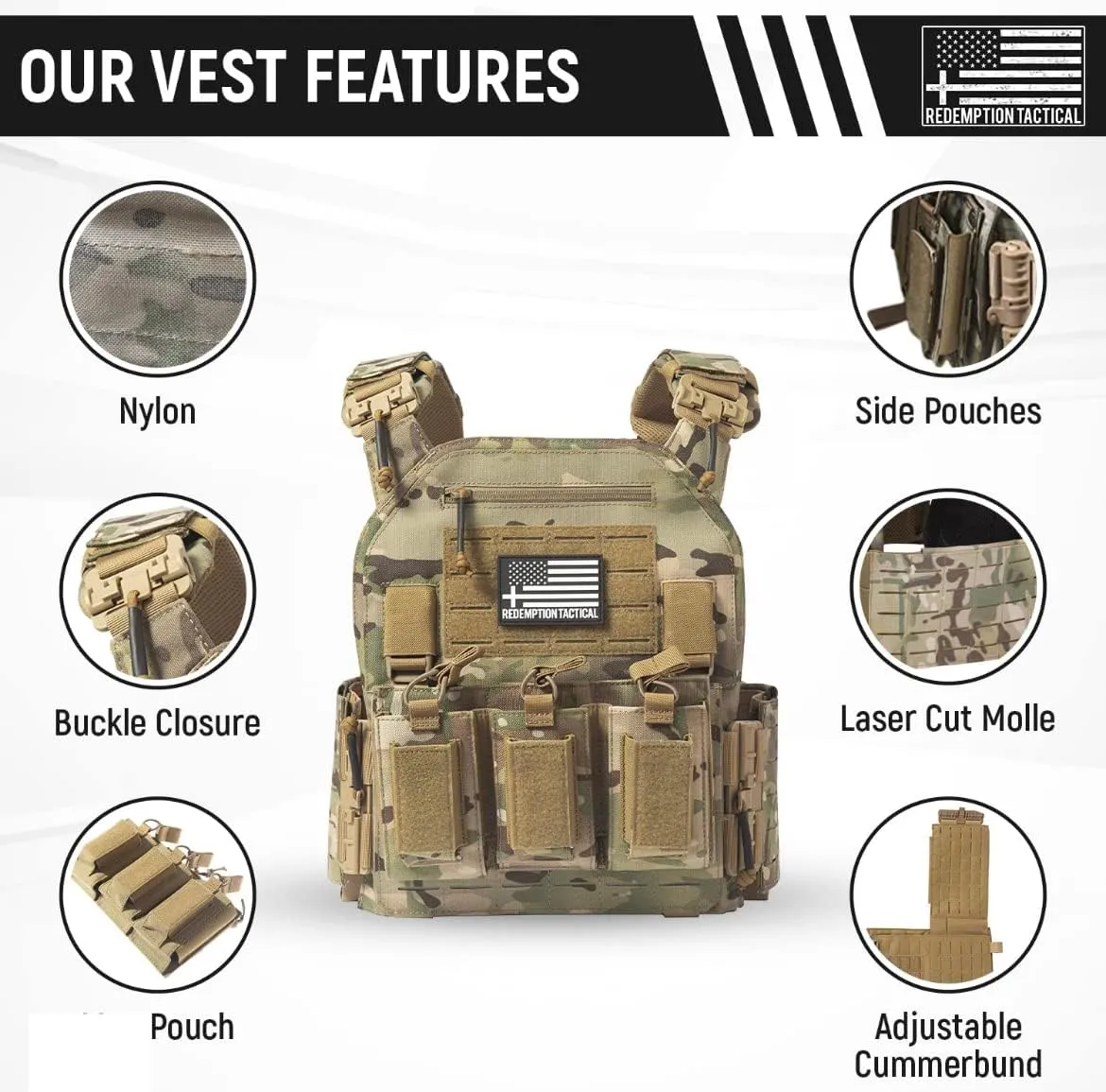 Crusader 2.0 Tactical Molle Quick Release Buckles Vest with Side Cummerbund Pouches and Triple mag Pouch