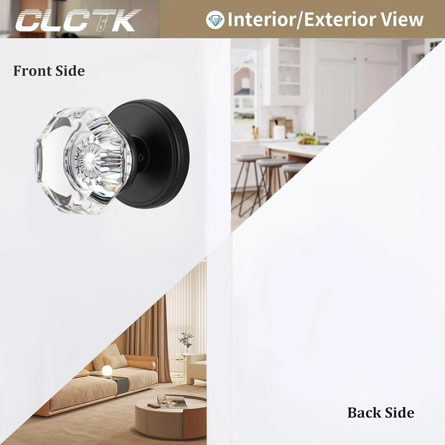 Crystal Glass Dummy Round Door Knob, Bifold Closet Dummy Door Handles Octagon Non-Turning Single Side, Matte Black, 2 Pack