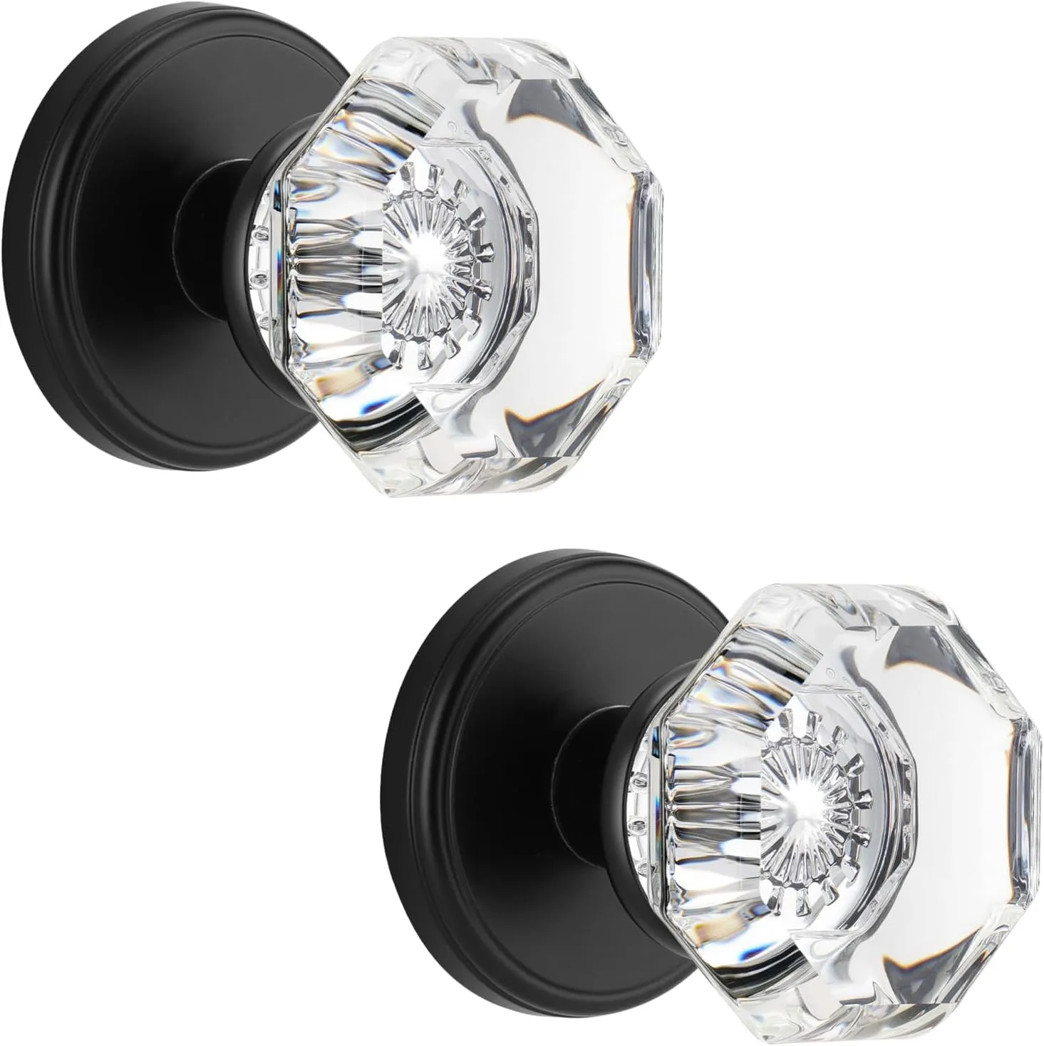 Crystal Glass Dummy Round Door Knob, Bifold Closet Dummy Door Handles Octagon Non-Turning Single Side, Matte Black, 2 Pack
