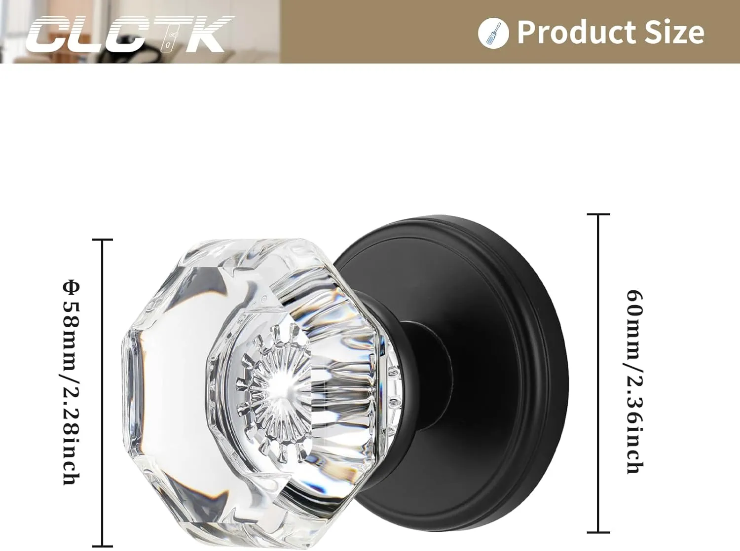 Crystal Glass Dummy Round Door Knob, Bifold Closet Dummy Door Handles Octagon Non-Turning Single Side, Matte Black, 2 Pack