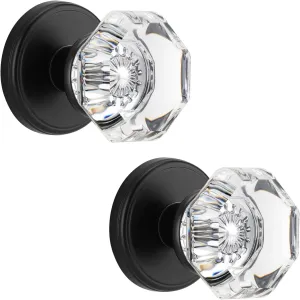 Crystal Glass Dummy Round Door Knob, Bifold Closet Dummy Door Handles Octagon Non-Turning Single Side, Matte Black, 2 Pack