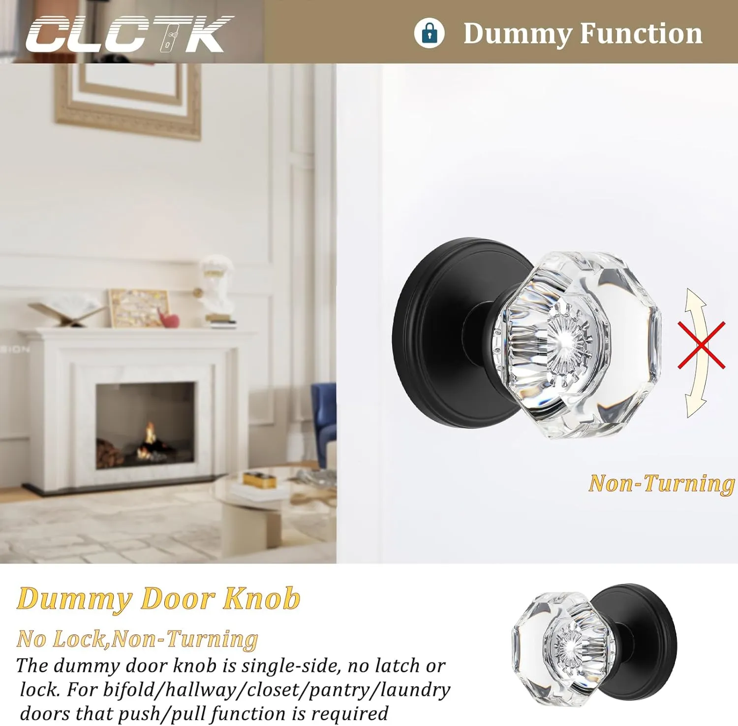 Crystal Glass Dummy Round Door Knob, Bifold Closet Dummy Door Handles Octagon Non-Turning Single Side, Matte Black, 2 Pack