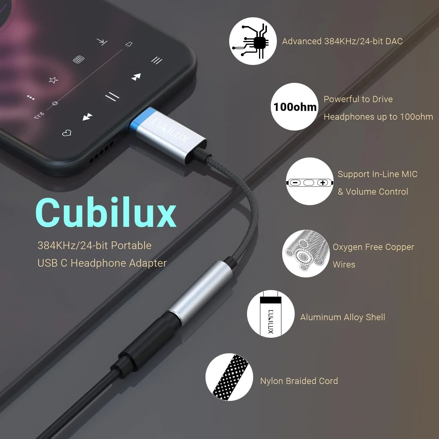 Cubilux USB C Audio Adapter with 384KHz/24-bit DAC - Compatible with iPhone 15 /15, iPad 10, iPad Air 5/4, iPad Mini 6, Google Pixel 8/7/6 Pro 7a/6a 6 5XL
