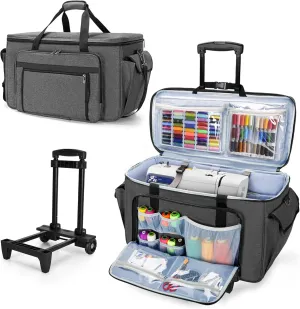 CURMIO Sewing and Embroidery Machine Carrying Case with Wheels, Rolling Embroidery Machine Tote Bag with Bottom Support Board Compatible with Brother SE600, PE535 Embroidery Machine, Gray