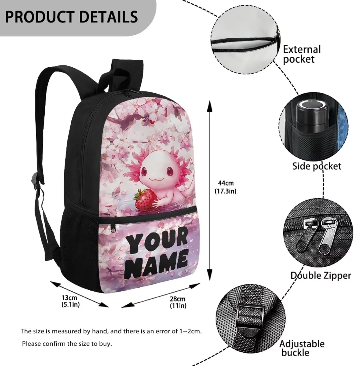 Custom Backpack for Girls -Cherry Flower Axolotl Travel Backpack for Kids - 17 Inch Bookbag for Elementary Primary School - Back to School Supplies
