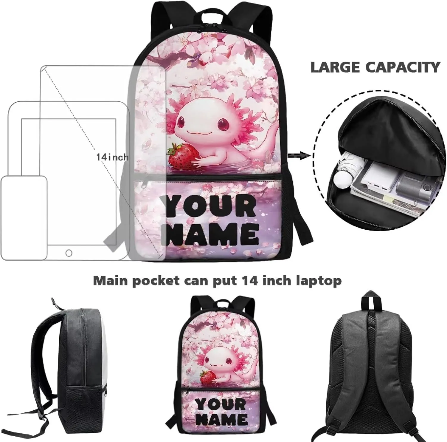 Custom Backpack for Girls -Cherry Flower Axolotl Travel Backpack for Kids - 17 Inch Bookbag for Elementary Primary School - Back to School Supplies