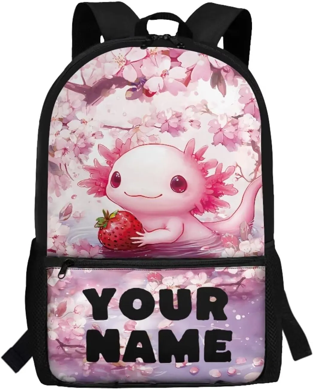 Custom Backpack for Girls -Cherry Flower Axolotl Travel Backpack for Kids - 17 Inch Bookbag for Elementary Primary School - Back to School Supplies