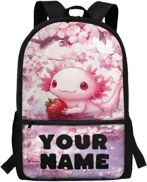 Custom Backpack for Girls -Cherry Flower Axolotl Travel Backpack for Kids - 17 Inch Bookbag for Elementary Primary School - Back to School Supplies