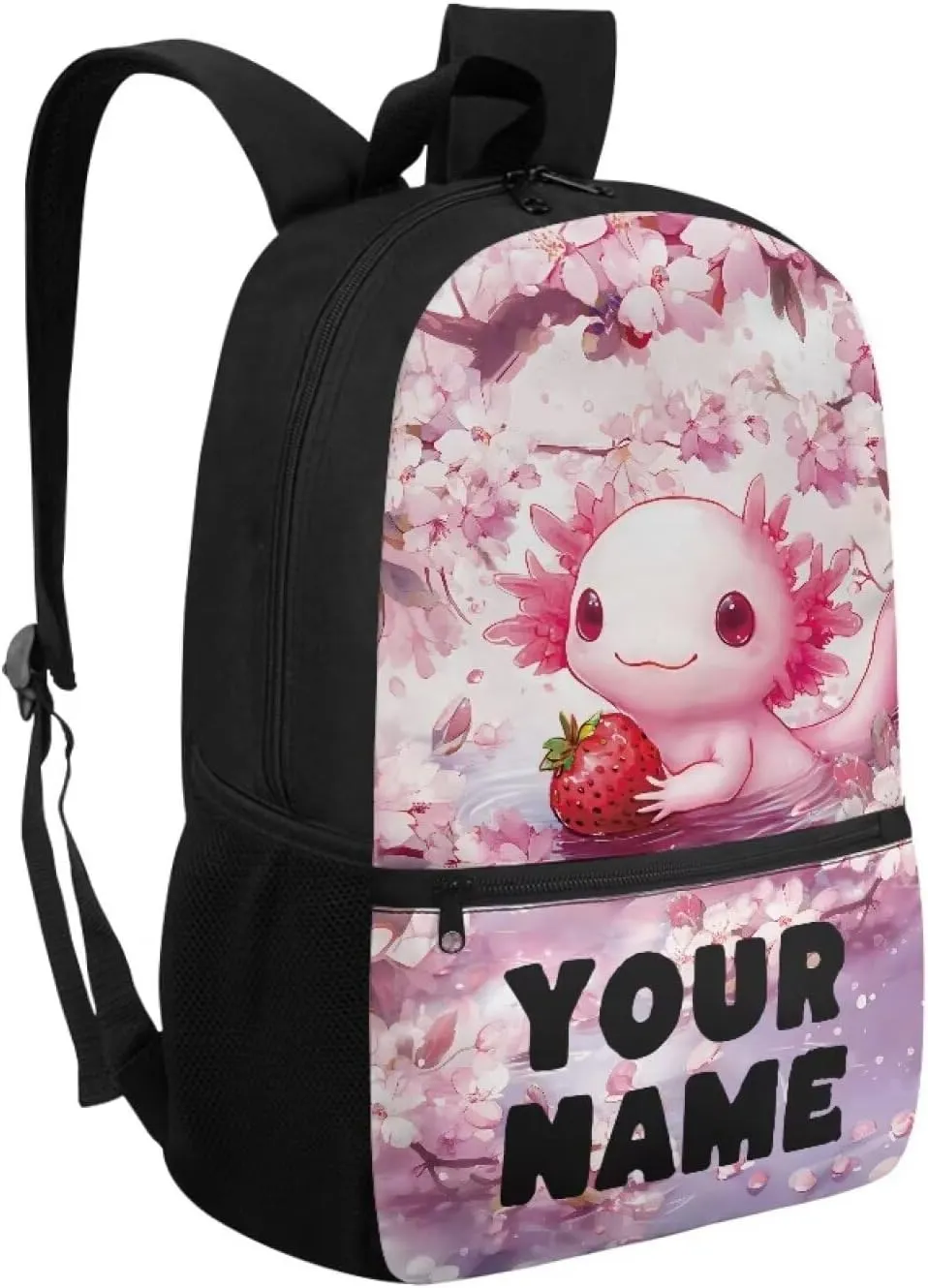Custom Backpack for Girls -Cherry Flower Axolotl Travel Backpack for Kids - 17 Inch Bookbag for Elementary Primary School - Back to School Supplies