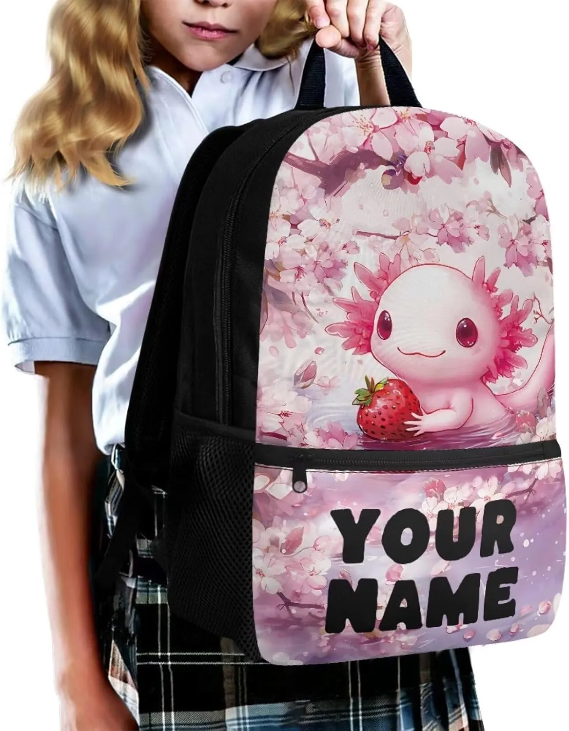 Custom Backpack for Girls -Cherry Flower Axolotl Travel Backpack for Kids - 17 Inch Bookbag for Elementary Primary School - Back to School Supplies