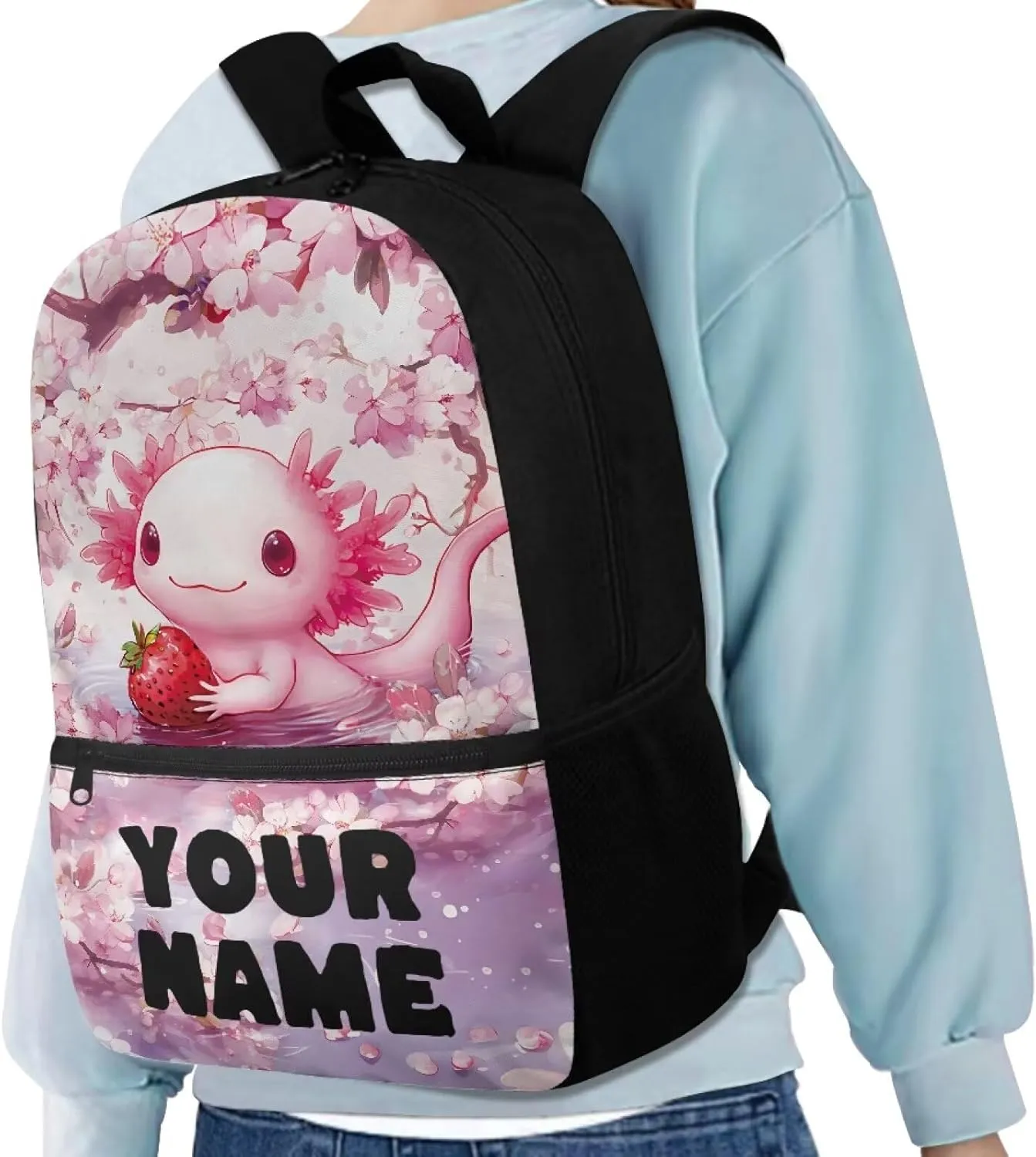 Custom Backpack for Girls -Cherry Flower Axolotl Travel Backpack for Kids - 17 Inch Bookbag for Elementary Primary School - Back to School Supplies