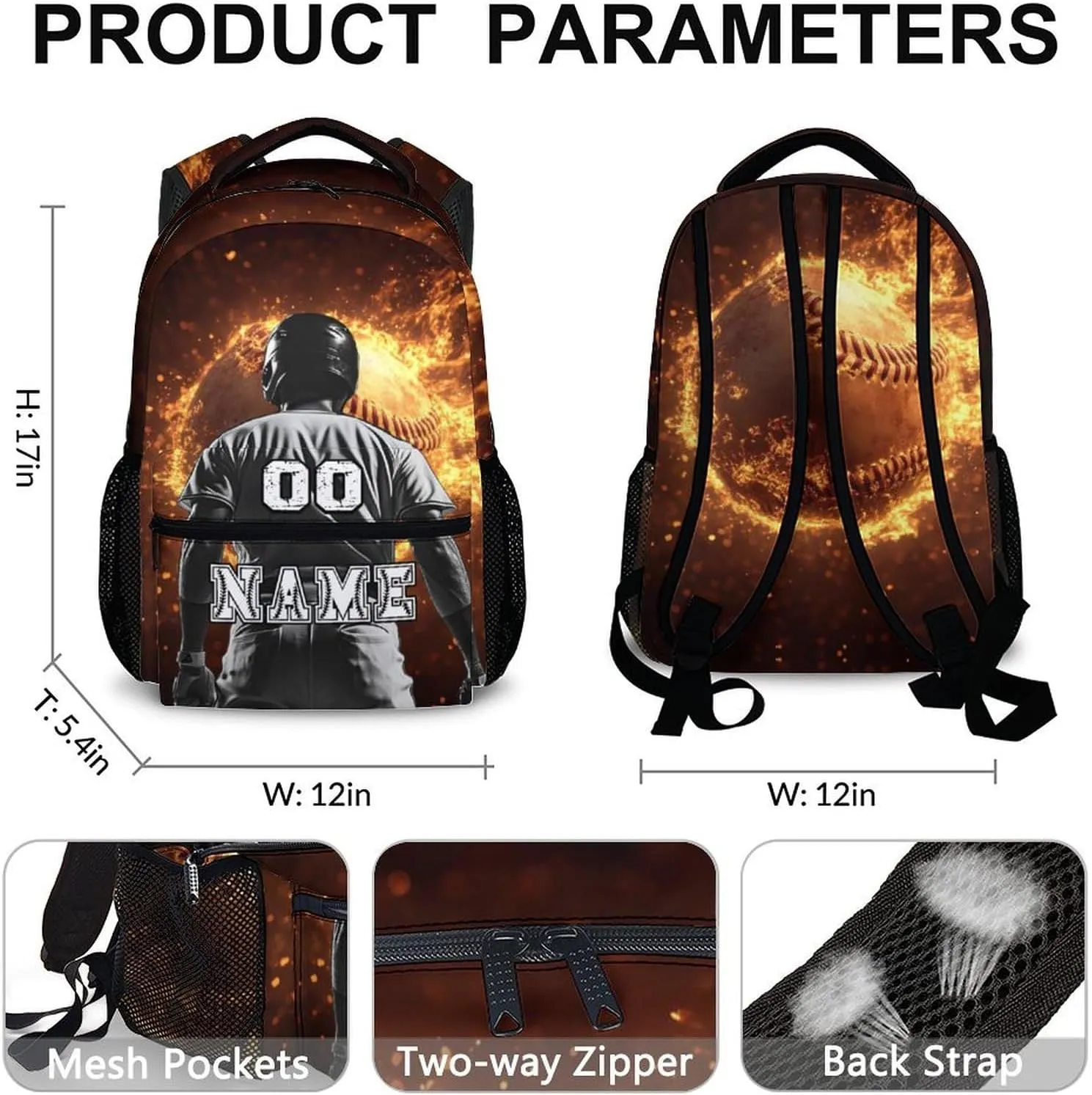 Custom Boys School Backpack, 17" Cool Baseball Backpacks for Preschool Middle School, Schoolbag Gifts for Kids Teens Baseball Lovers, Large Capacity Sports Bookbag Supplies for Travel Elementary